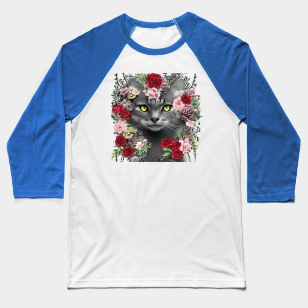 Beautiful Floral Gray Cat Baseball T-Shirt by Hypnotic Highs